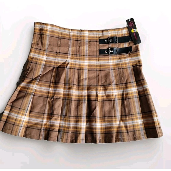 No Boundaries NWT  Brown Pleated Mini Skirt Academia Girlhoodcore Punk Sz M NOBO - Picture 1 of 6